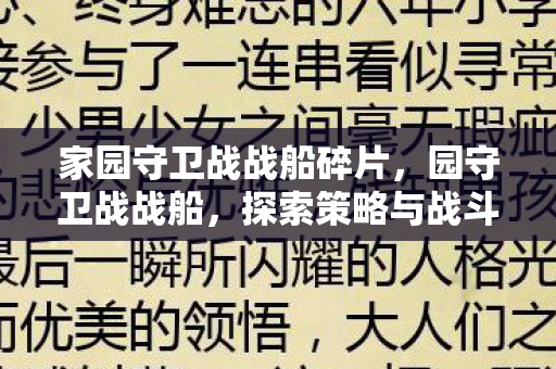 家园守卫战战船碎片，园守卫战战船，探索策略与战斗的艺术