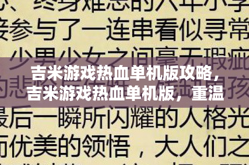 吉米游戏热血单机版攻略，吉米游戏热血单机版，重温经典，尽享单机乐趣